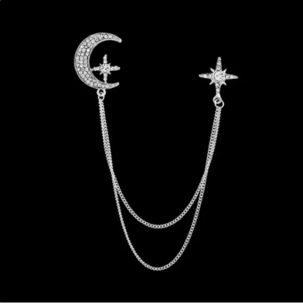 Fashion Rhinestone Star Brooch Pin Crystal Tassel Chain Lapel Pins